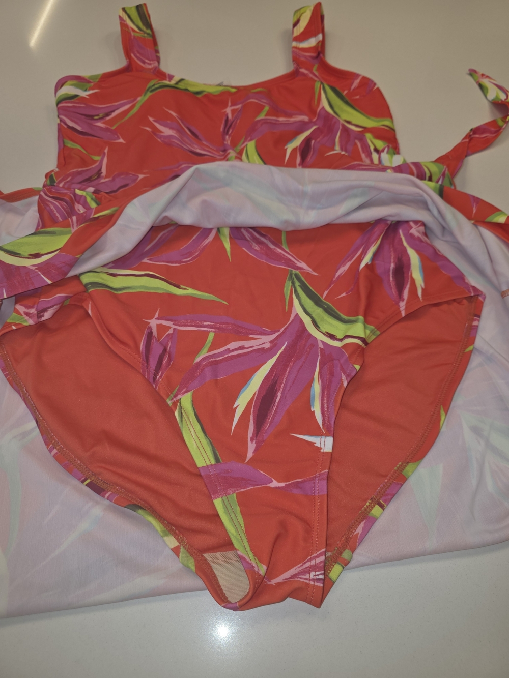 Old Navy Coral Tropical One-Piece Swimsuit with Lime & Pink Leaf Print - Picture 4 of 15